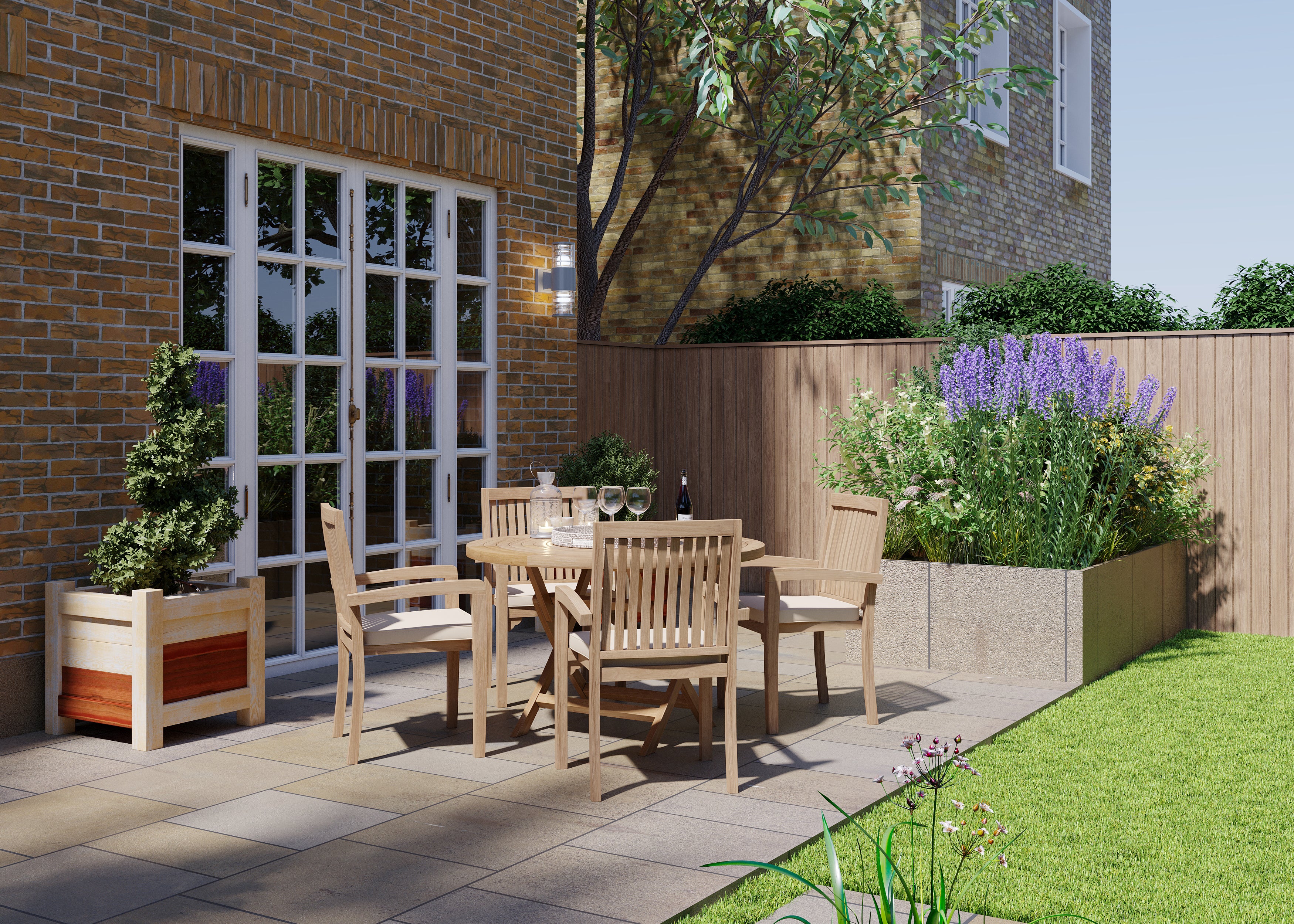 Teak Set 120cm Spiral Round Folding Table with 4 Henley Stacking Chairs - Image 3