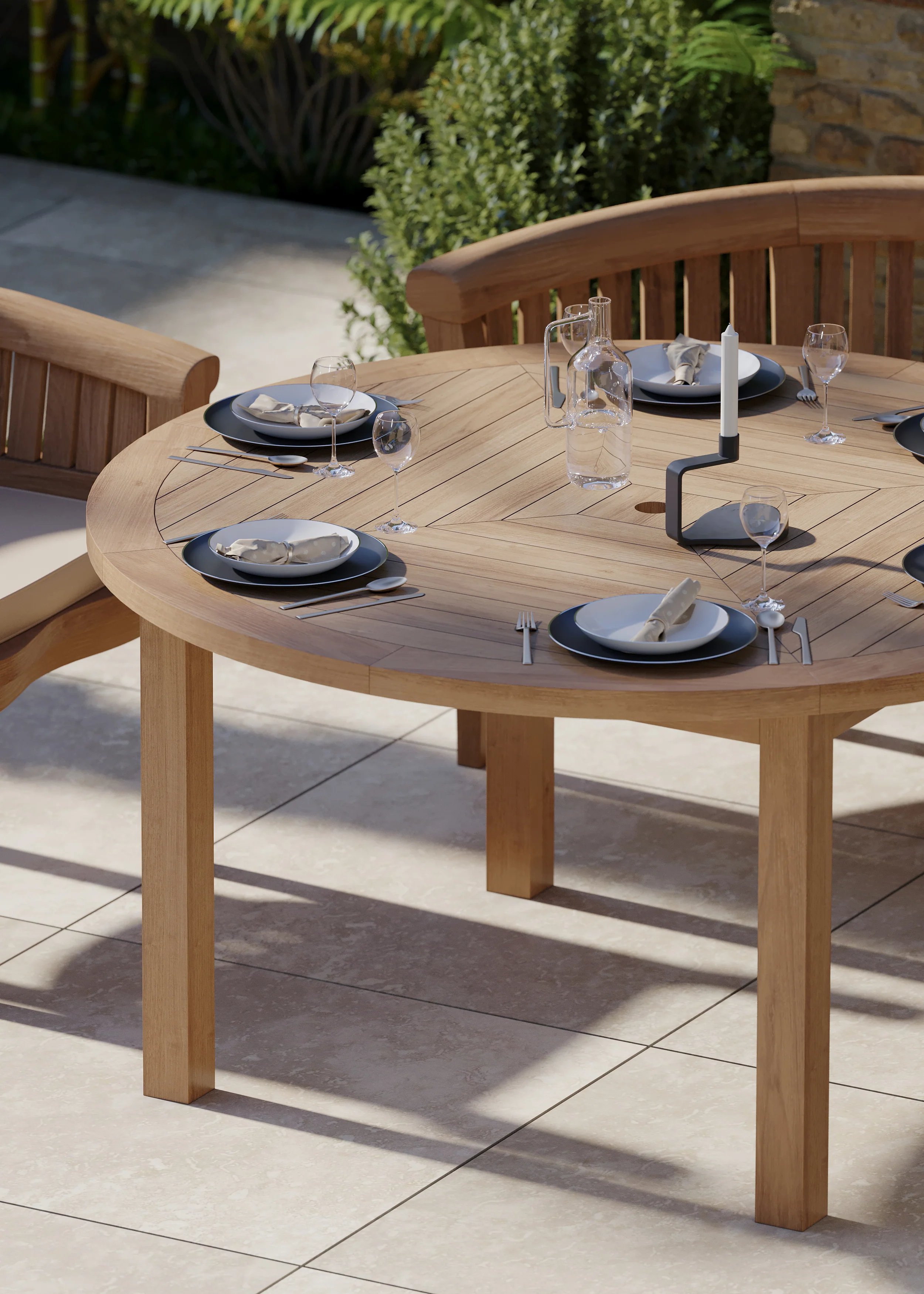 Luxor 150cm Round Teak Table 4cm Table Top (2 San Francisco Benches, 2 San Francisco Chairs) Cushions included. - Image 3