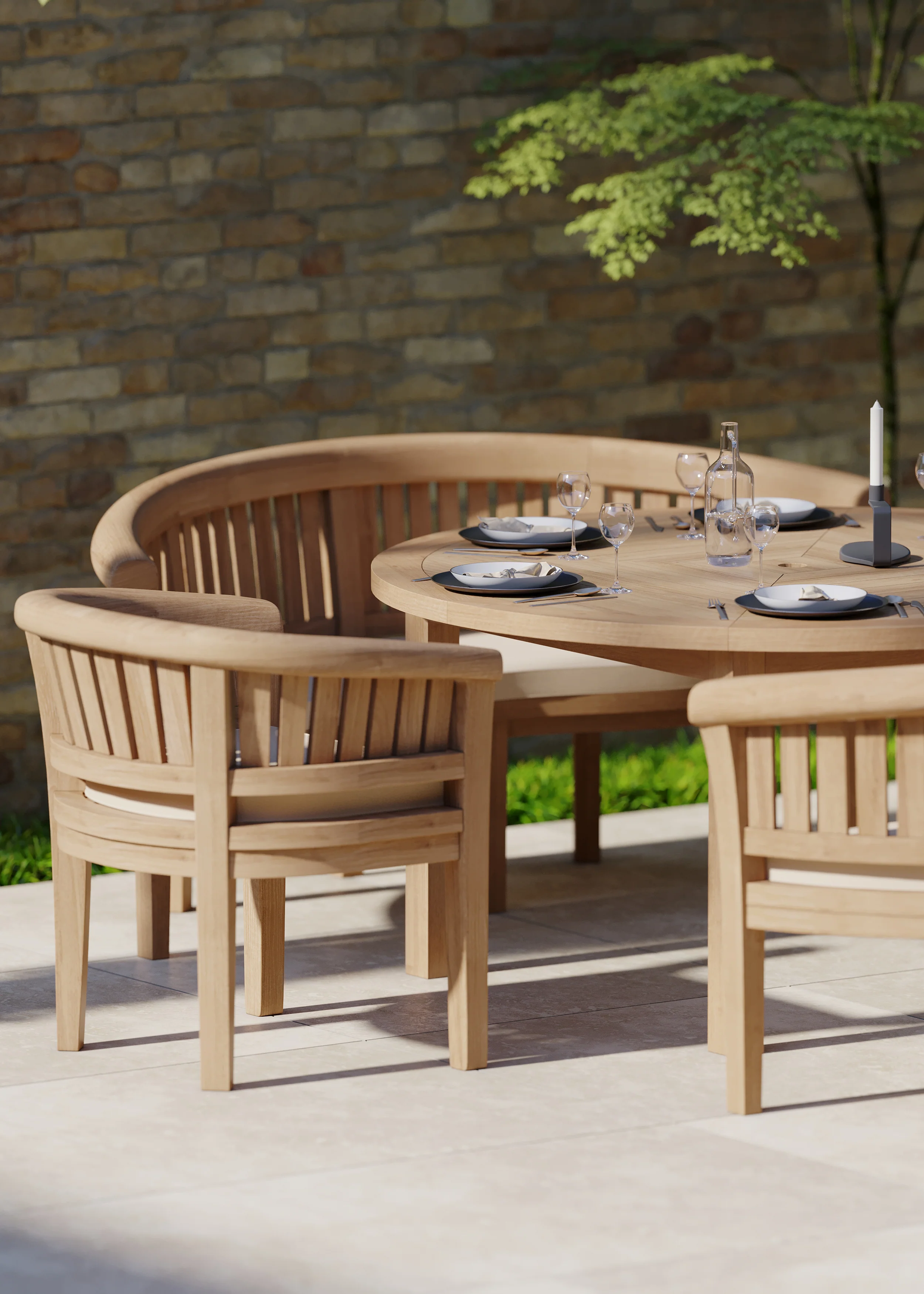 Luxor 150cm Round Teak Table 4cm Table Top (2 San Francisco Benches, 2 San Francisco Chairs) Cushions included. - Image 4