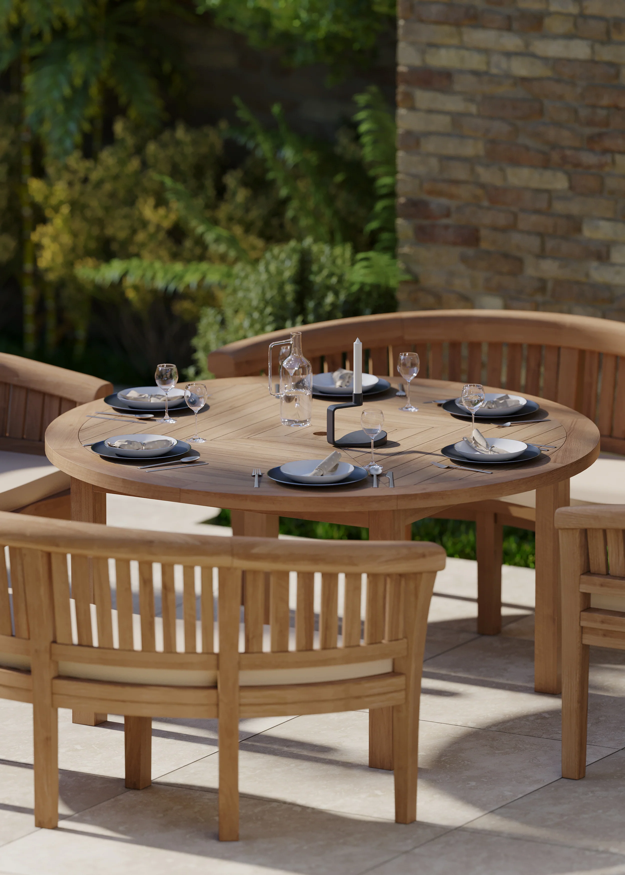 Luxor 150cm Round Teak Table 4cm Table Top (2 San Francisco Benches, 2 San Francisco Chairs) Cushions included. - Image 5