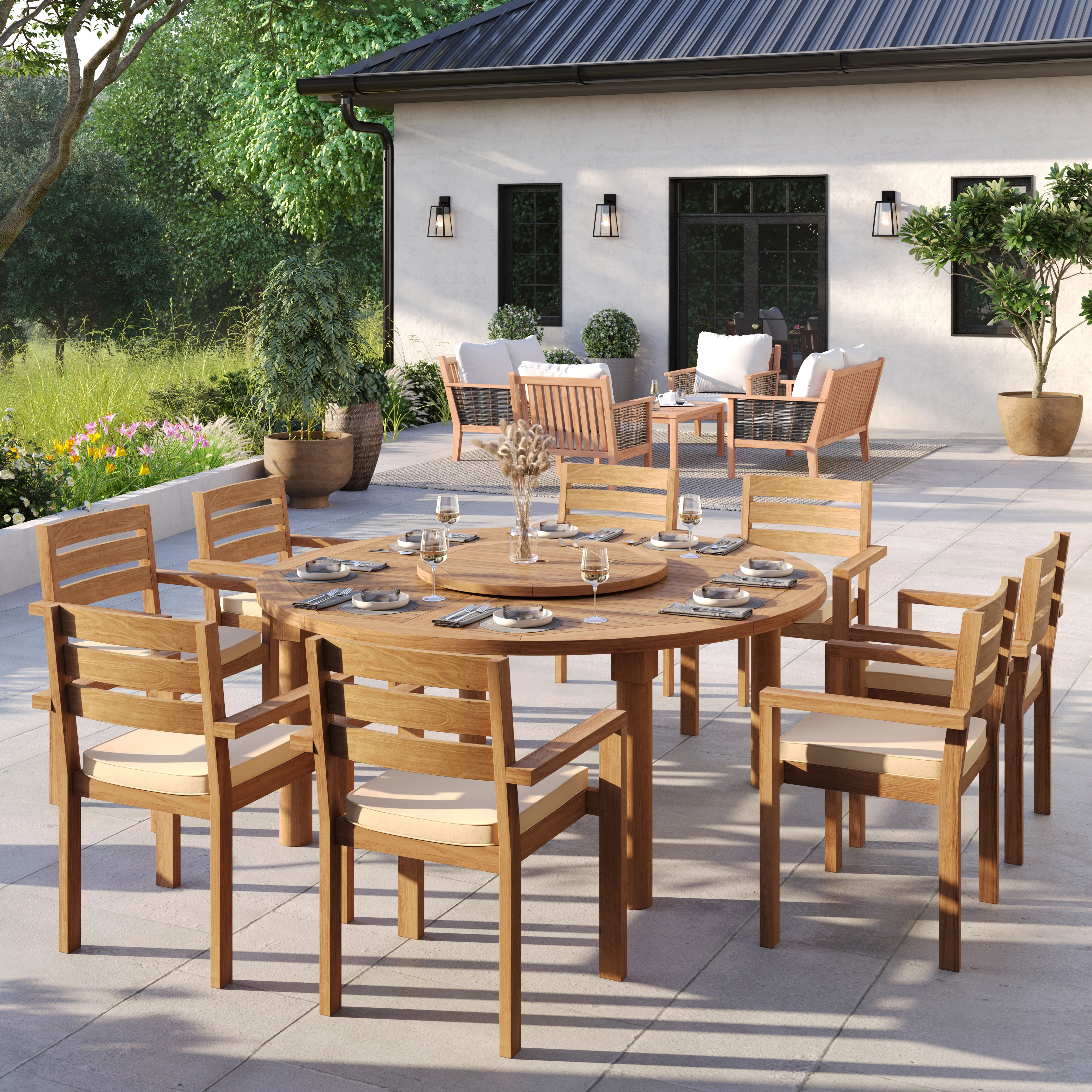 Teak Set 180cm Maximus Round Fixed Table with 8 Marlow Stacking Chairs – Premium Teak Garden Dining Set - Image 3