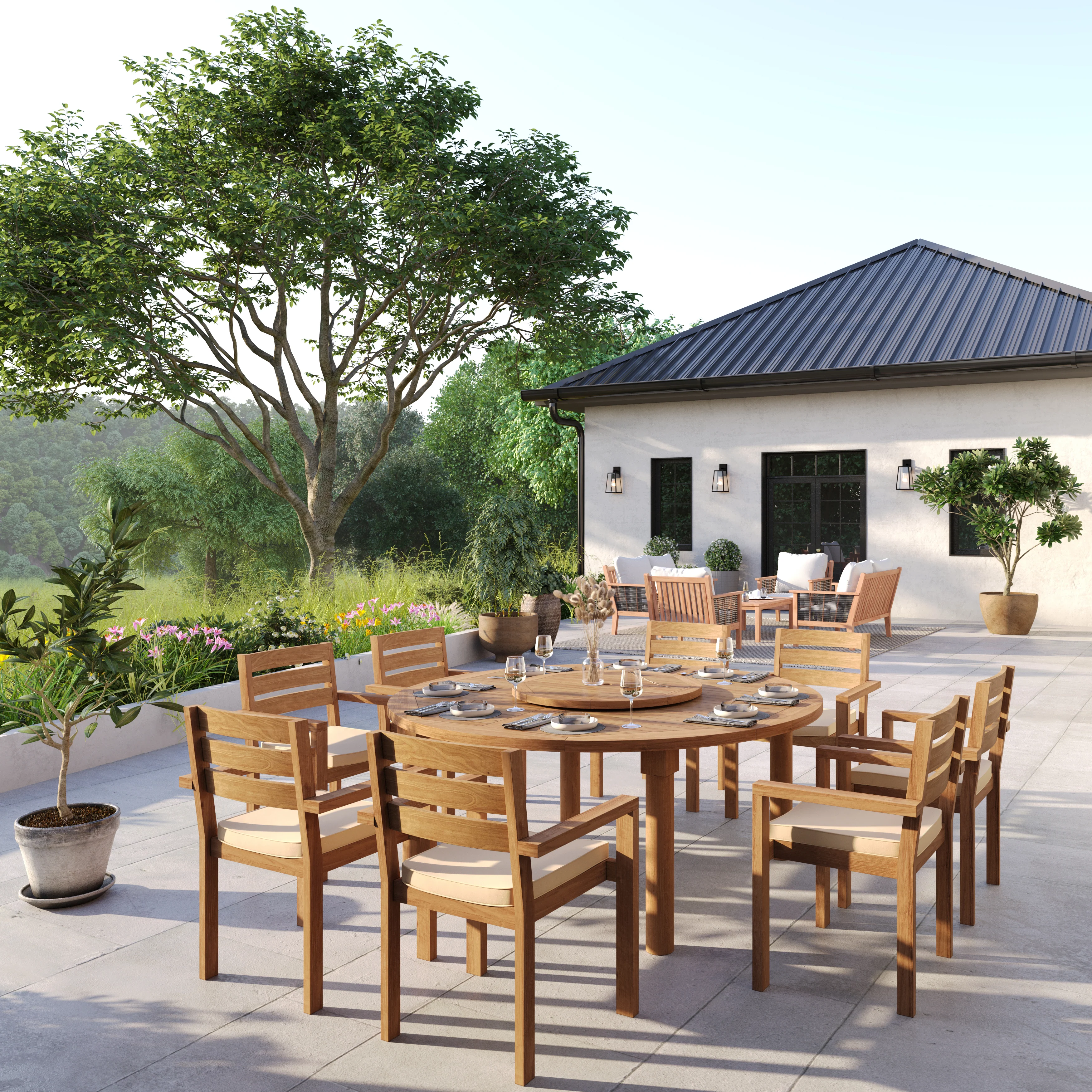 Teak Set 180cm Maximus Round Fixed Table with 8 Marlow Stacking Chairs – Premium Teak Garden Dining Set - Image 4