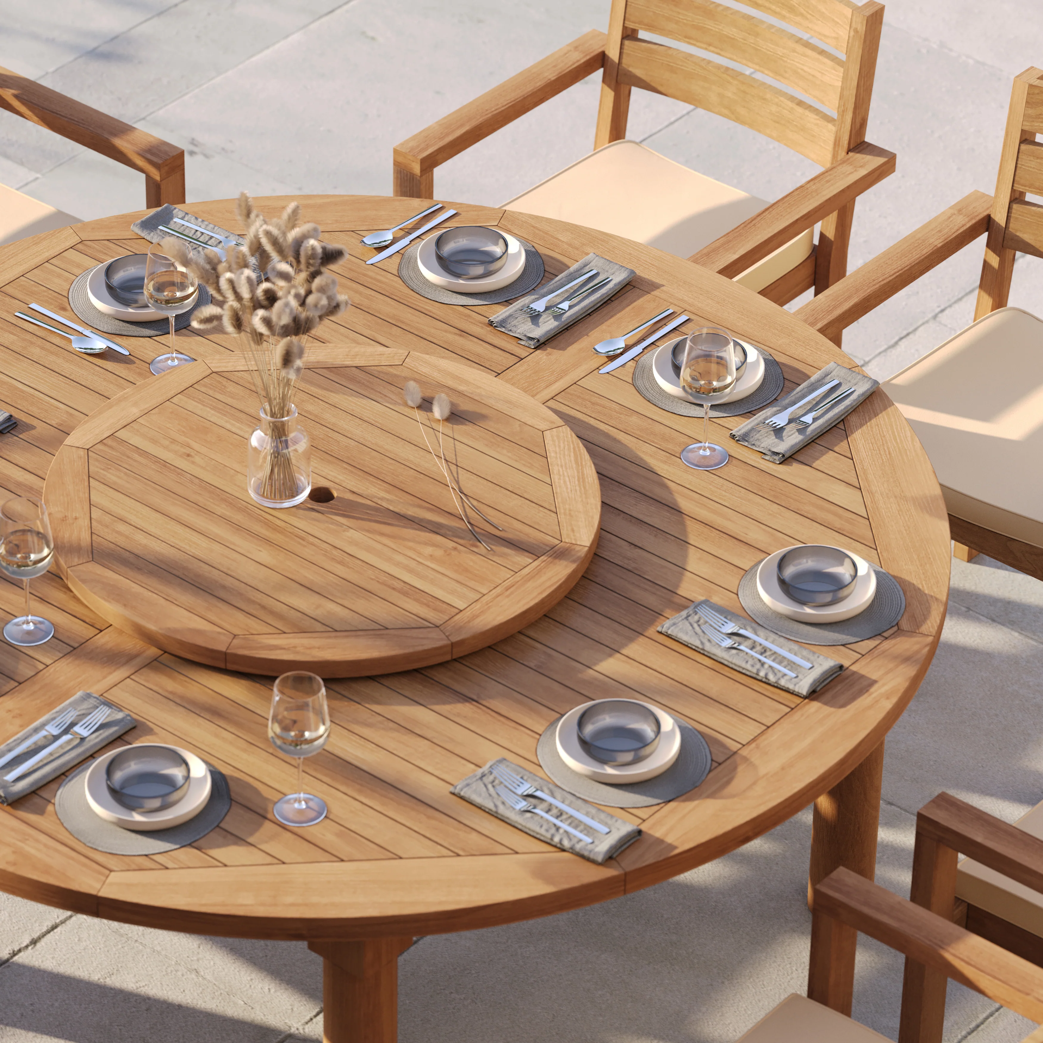 Teak Set 180cm Maximus Round Fixed Table with 8 Marlow Stacking Chairs – Premium Teak Garden Dining Set - Image 5