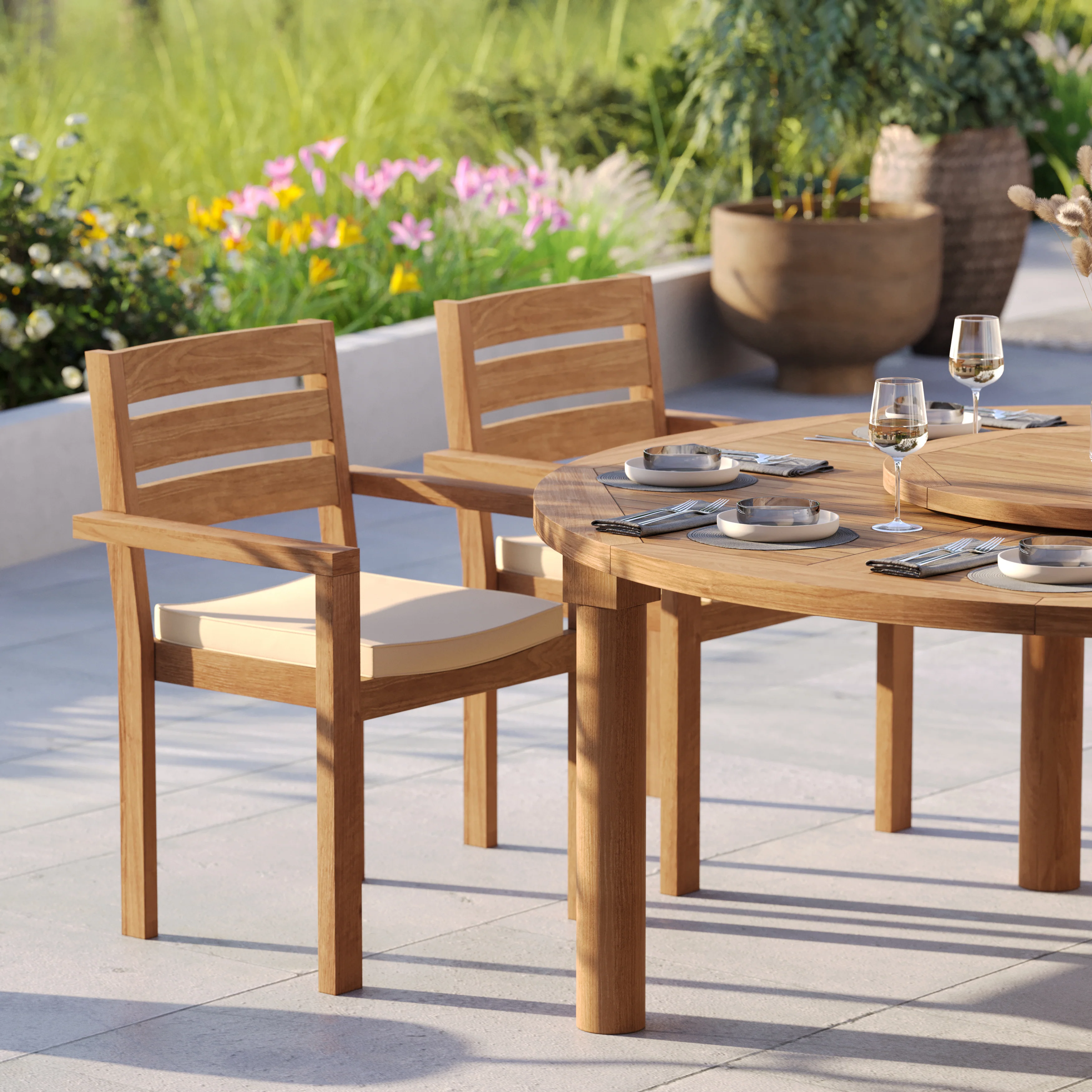 Teak Set 180cm Maximus Round Fixed Table with 8 Marlow Stacking Chairs – Premium Teak Garden Dining Set - Image 7