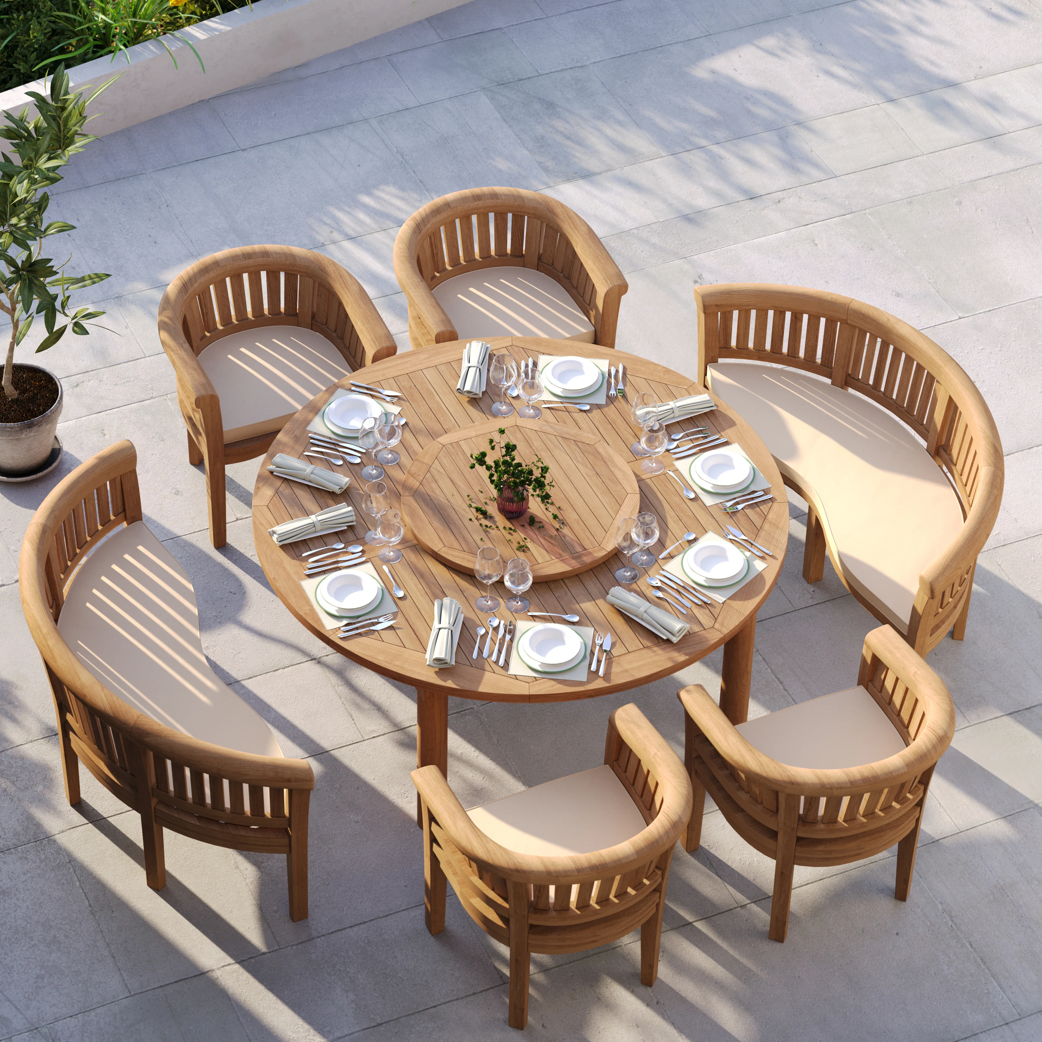 Teak Set 180cm Maximus Round Table With 4 San Francisco Chairs & 2 San Francisco Benches – Premium Teak Garden Dining Set - Image 3