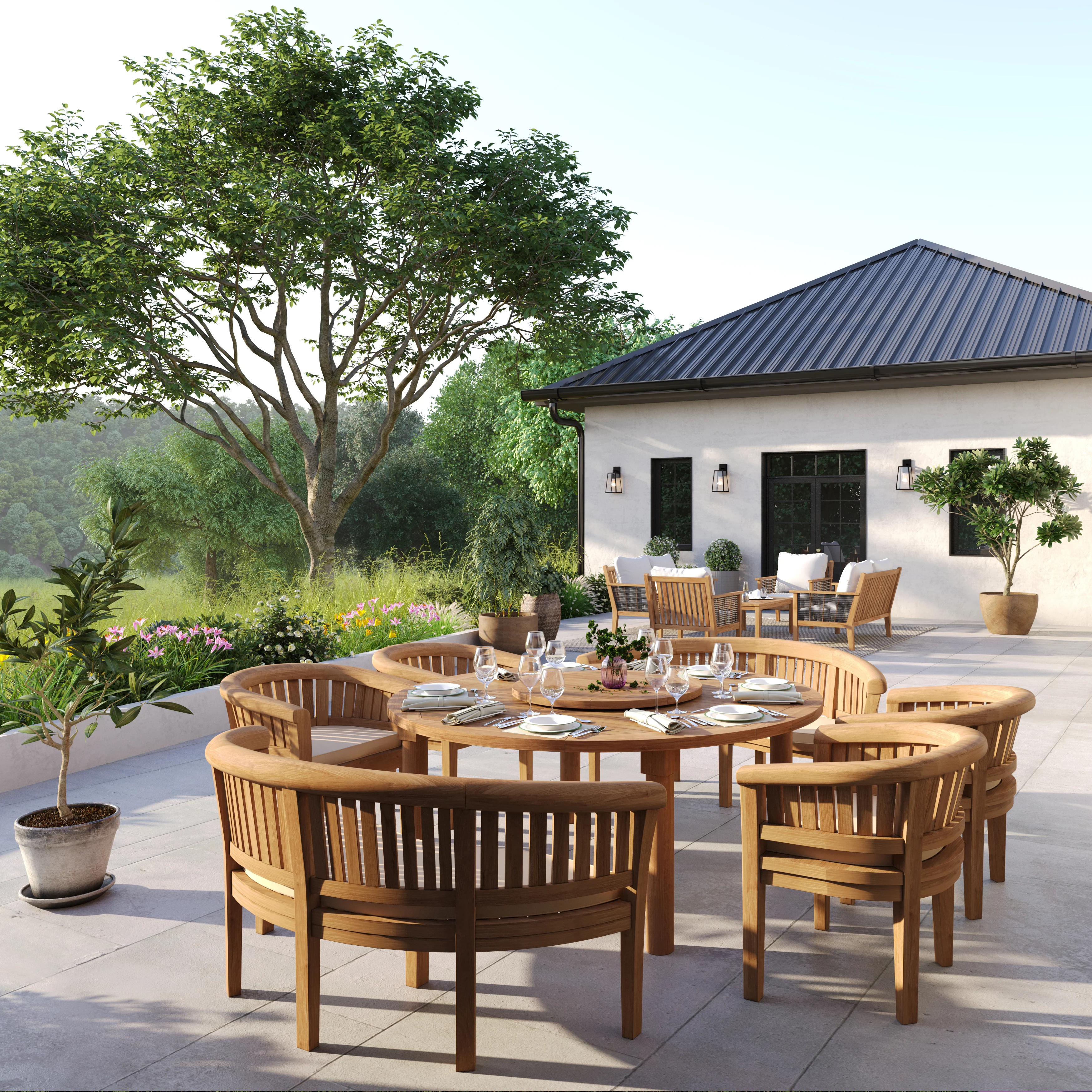 Teak Set 180cm Maximus Round Table With 4 San Francisco Chairs & 2 San Francisco Benches – Premium Teak Garden Dining Set - Image 4