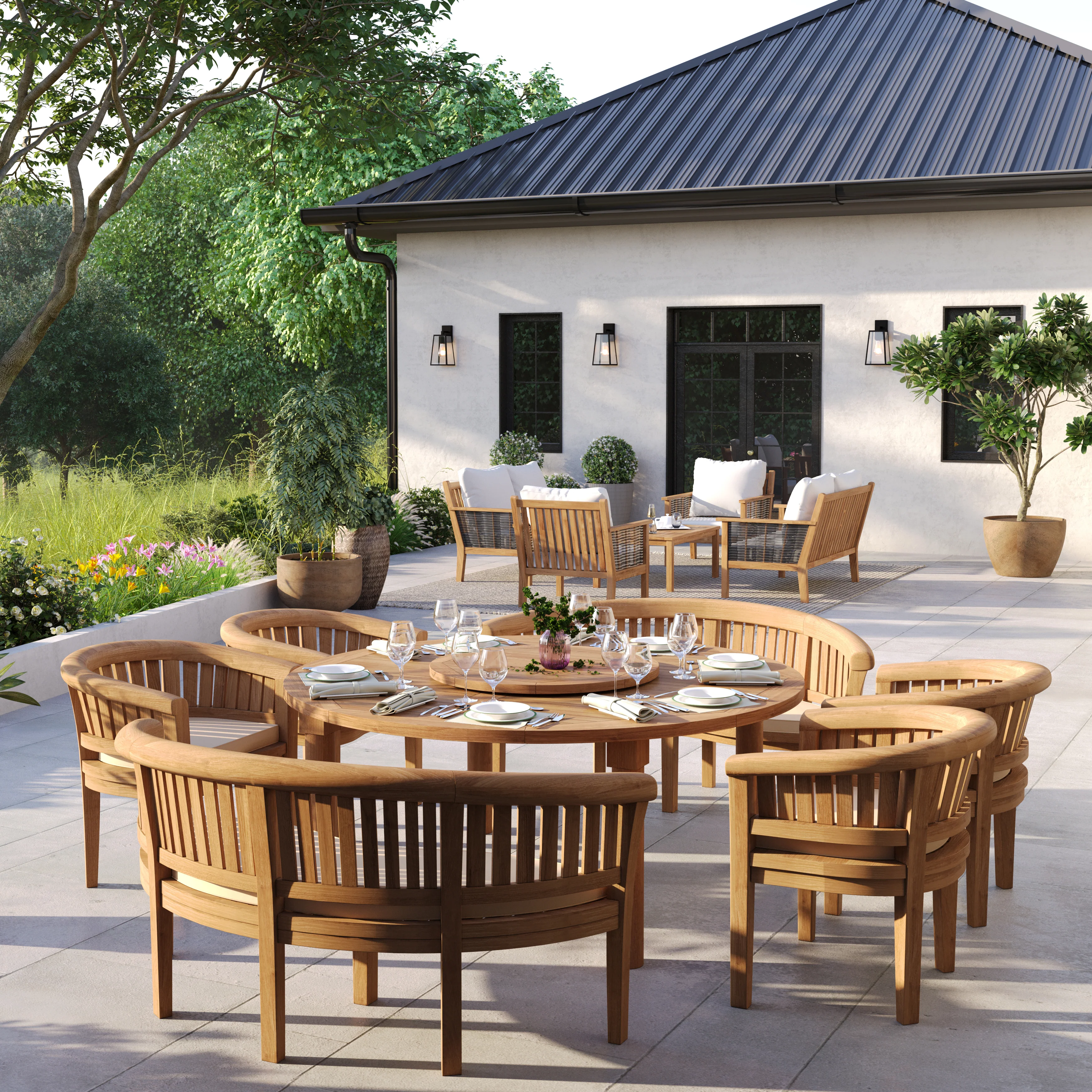 Teak Set 180cm Maximus Round Table With 4 San Francisco Chairs & 2 San Francisco Benches – Premium Teak Garden Dining Set - Image 5