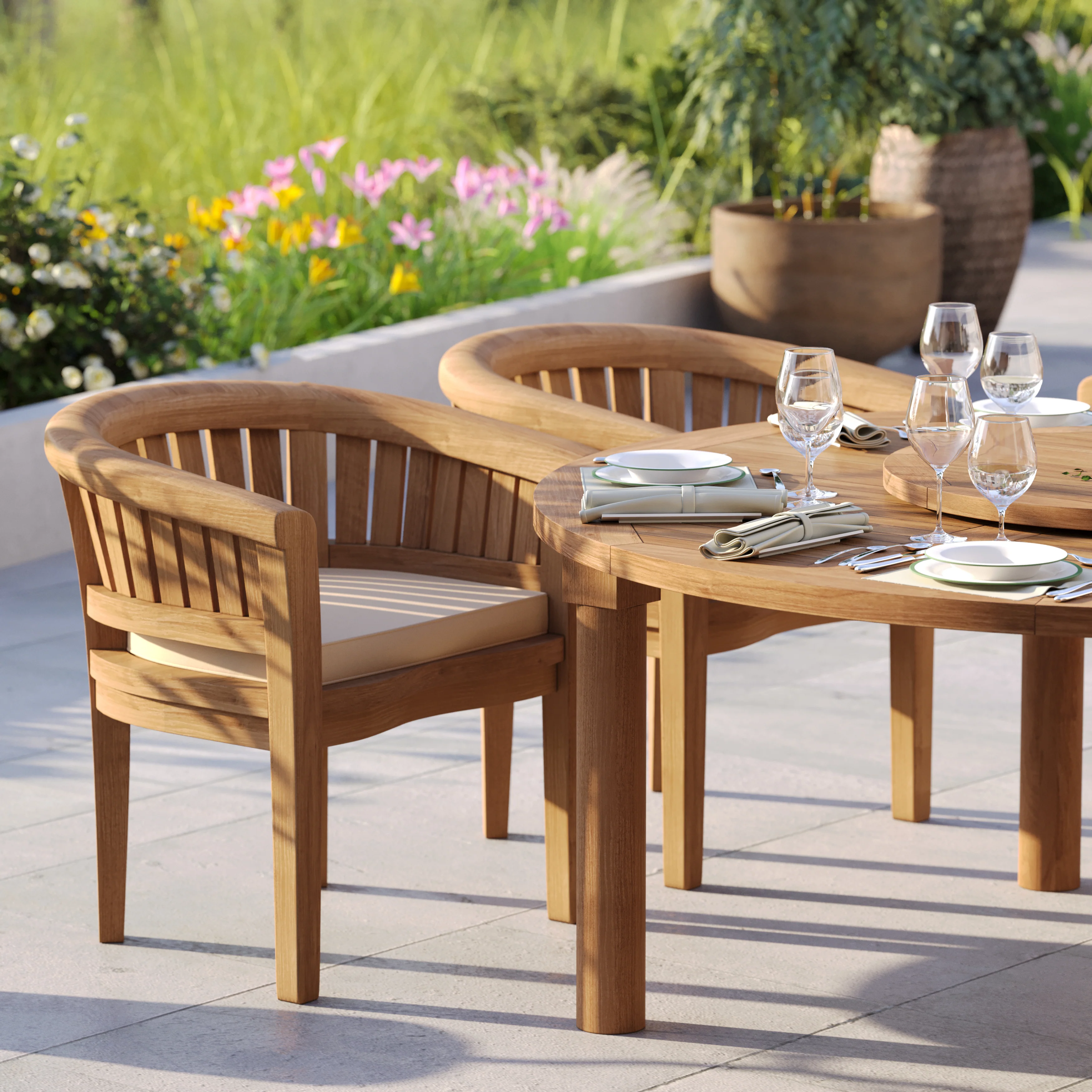 Teak Set 180cm Maximus Round Table With 4 San Francisco Chairs & 2 San Francisco Benches – Premium Teak Garden Dining Set - Image 7