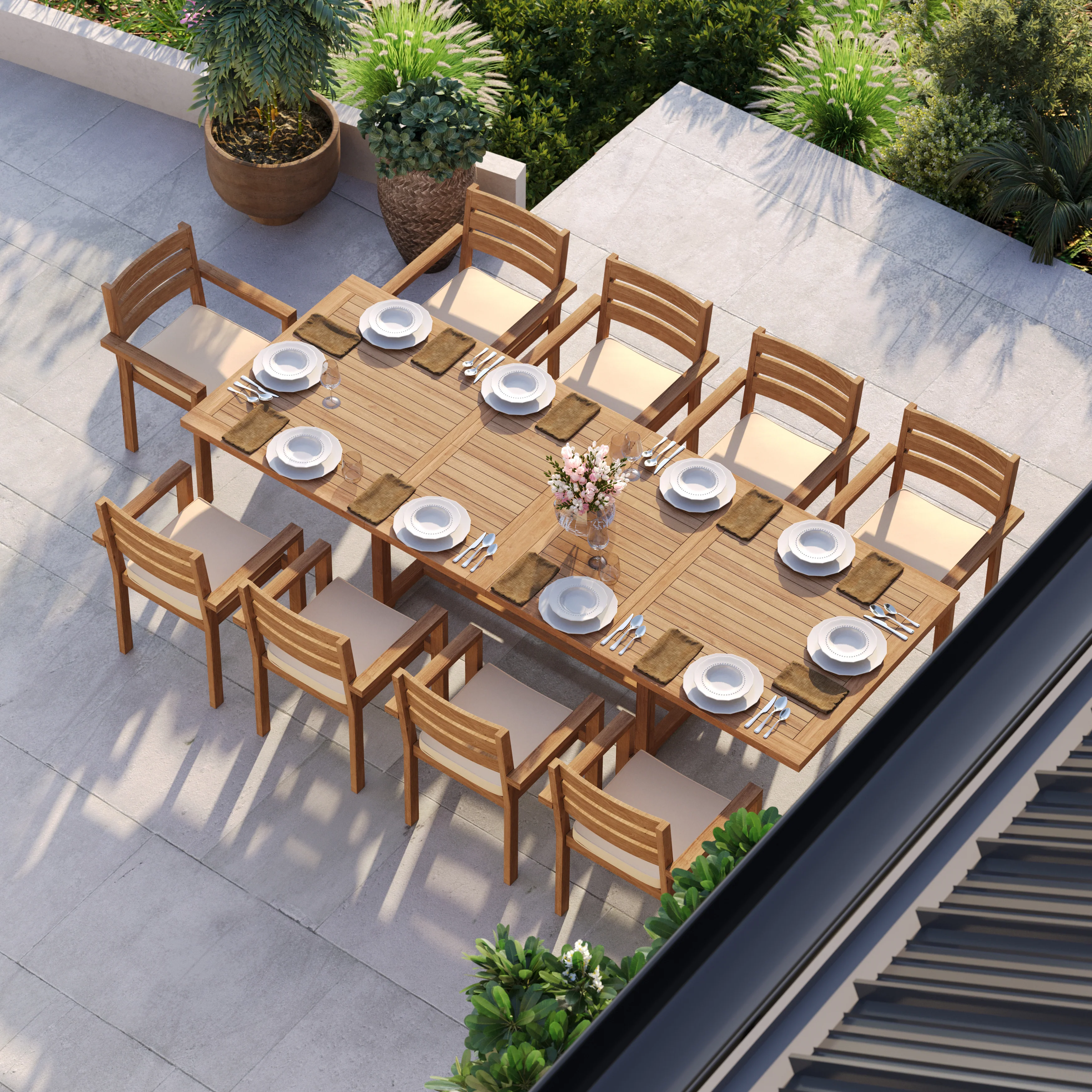Teak Set 200–300cm Rectangle Extending Table 4cm Top with 10 Marlow Stacking Chairs – Premium Teak Garden Dining Set - Image 4