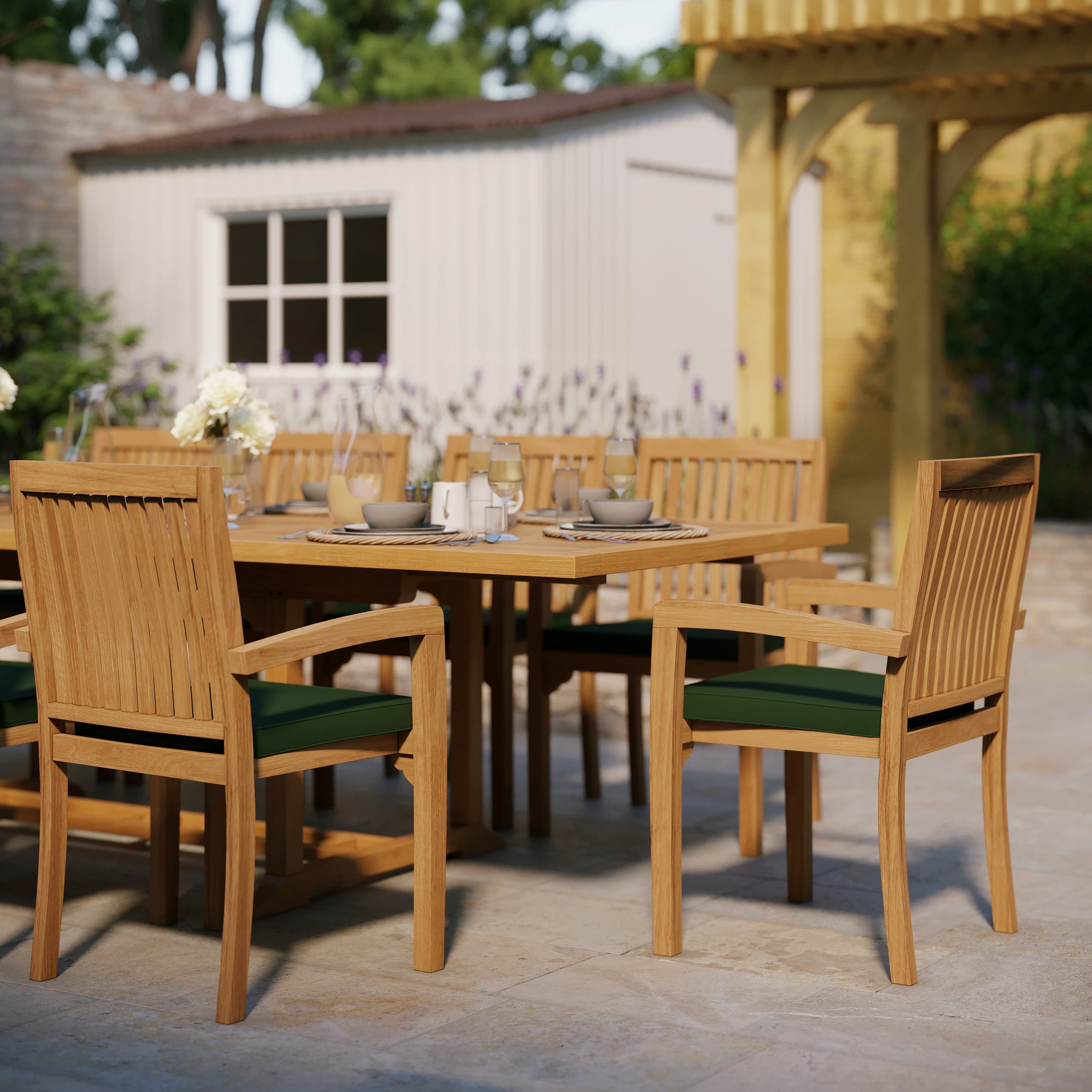 Teak Set 200cm-300cm Rectangle Extending Table with 10 Henley Stacking Chairs - Image 3