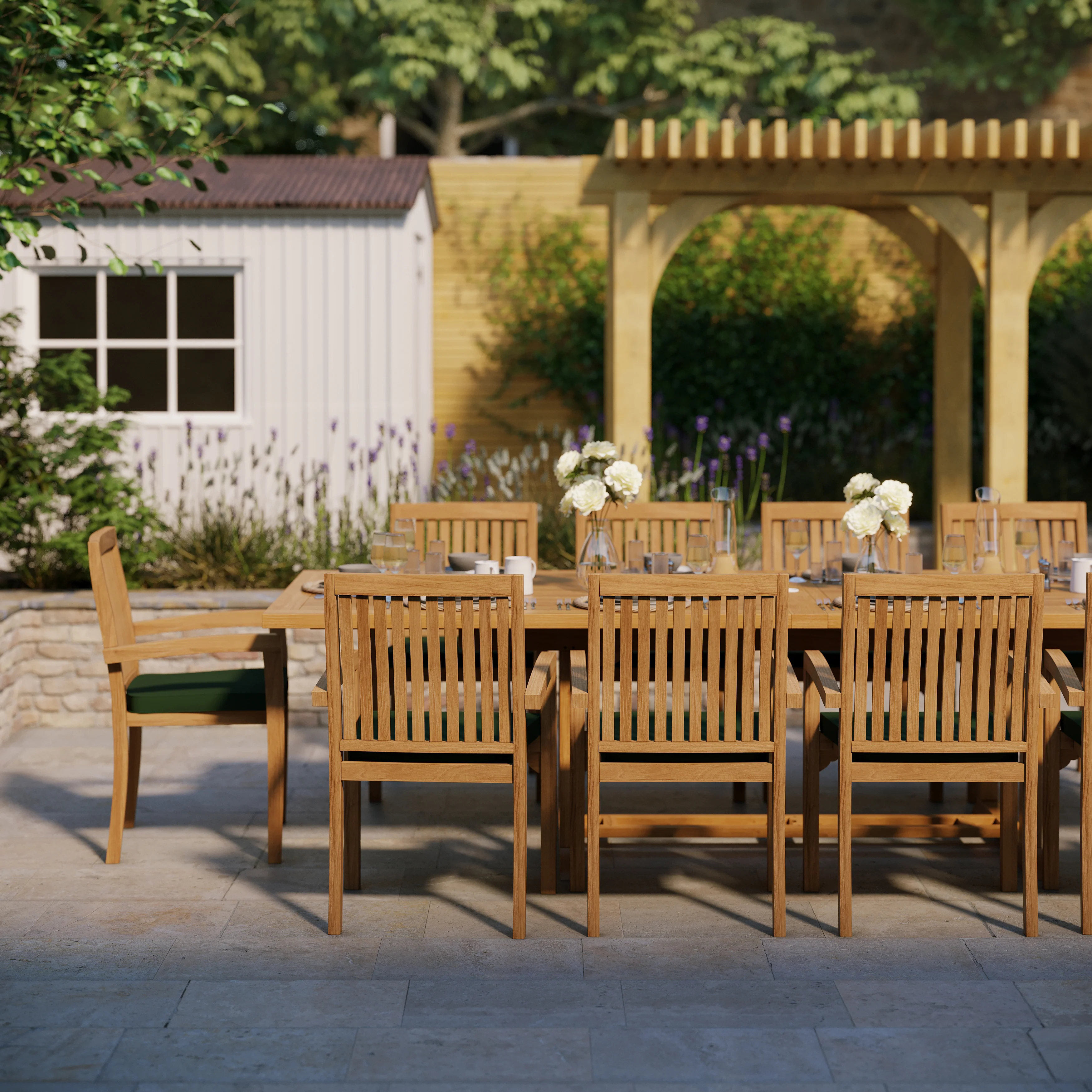 Teak Set 200cm-300cm Rectangle Extending Table with 10 Henley Stacking Chairs - Image 4