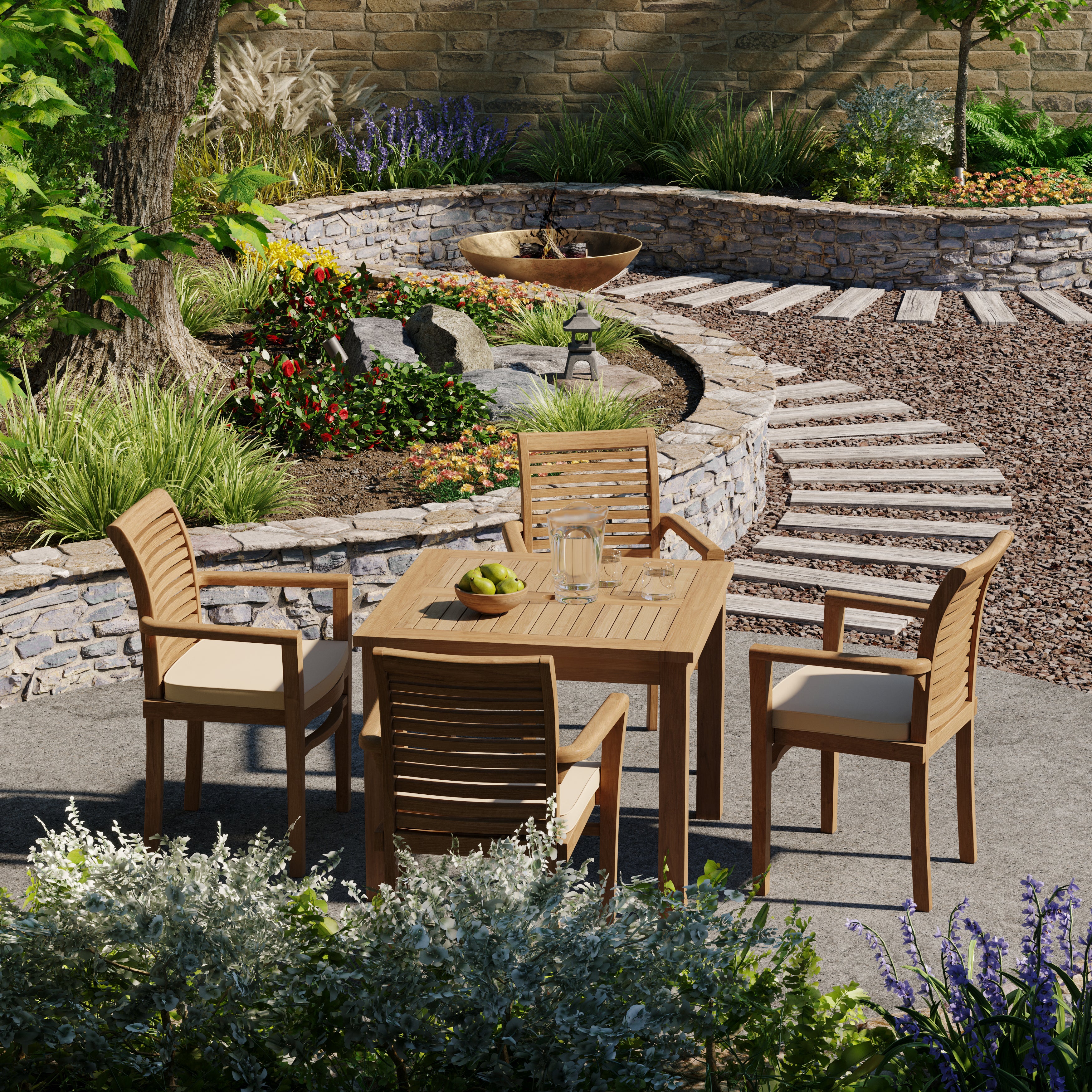 Teak Set 90cm Square Table with 4 Oxford Chairs (Cushions Included) - Image 3