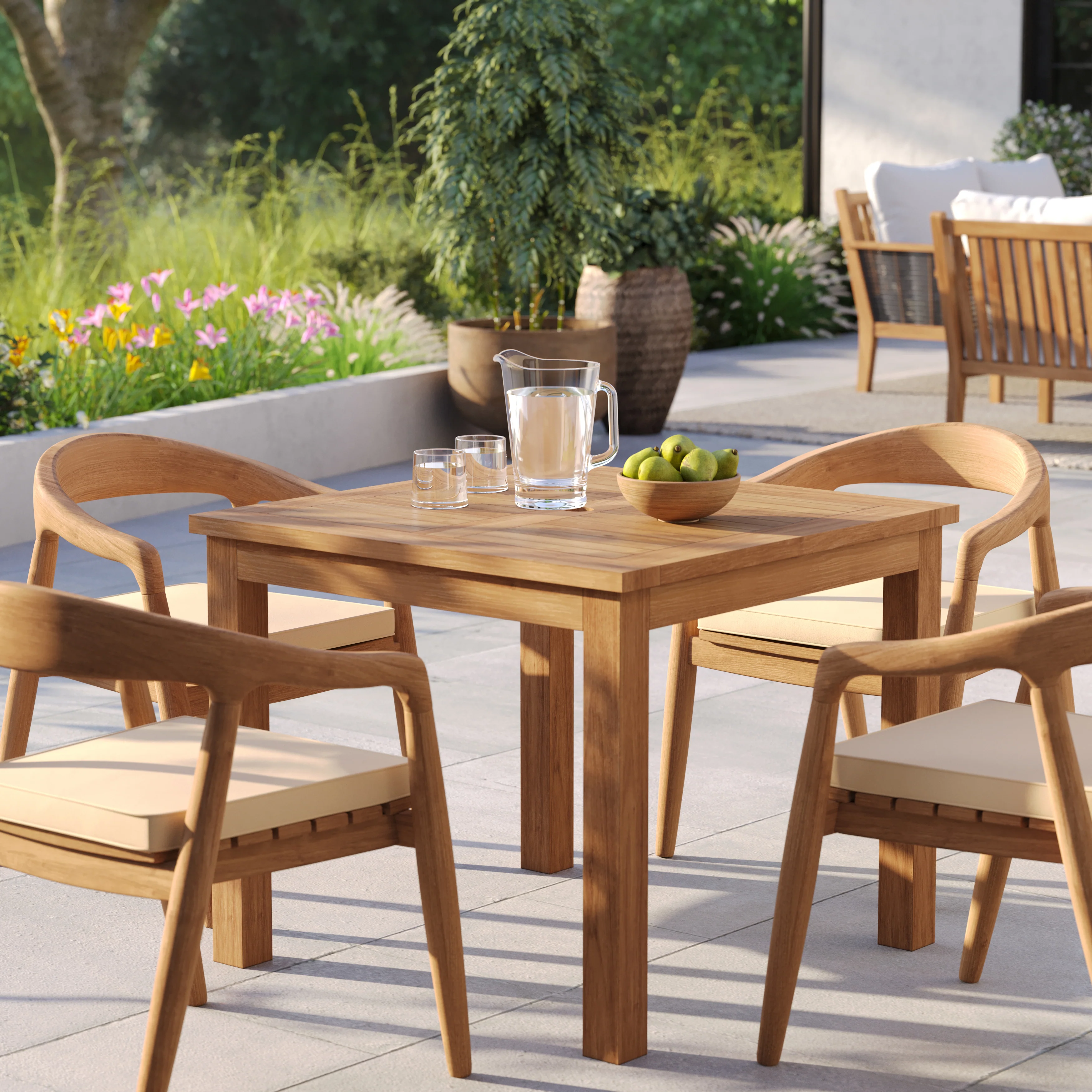 Teak Set 90cm Square Table 4cm Top with 4 Sydney Chairs, Free Cushions - Image 3
