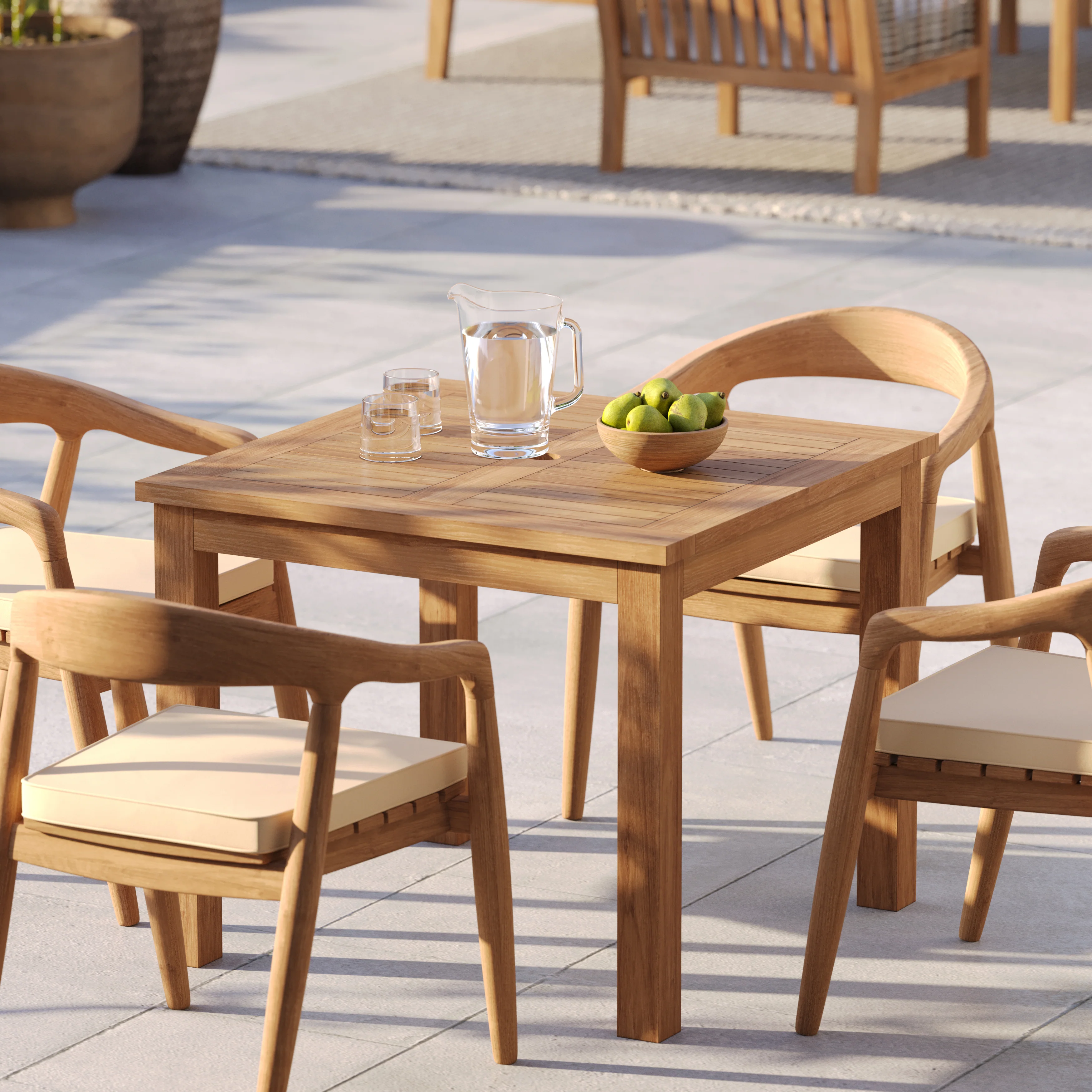 Teak Set 90cm Square Table 4cm Top with 4 Sydney Chairs, Free Cushions - Image 4