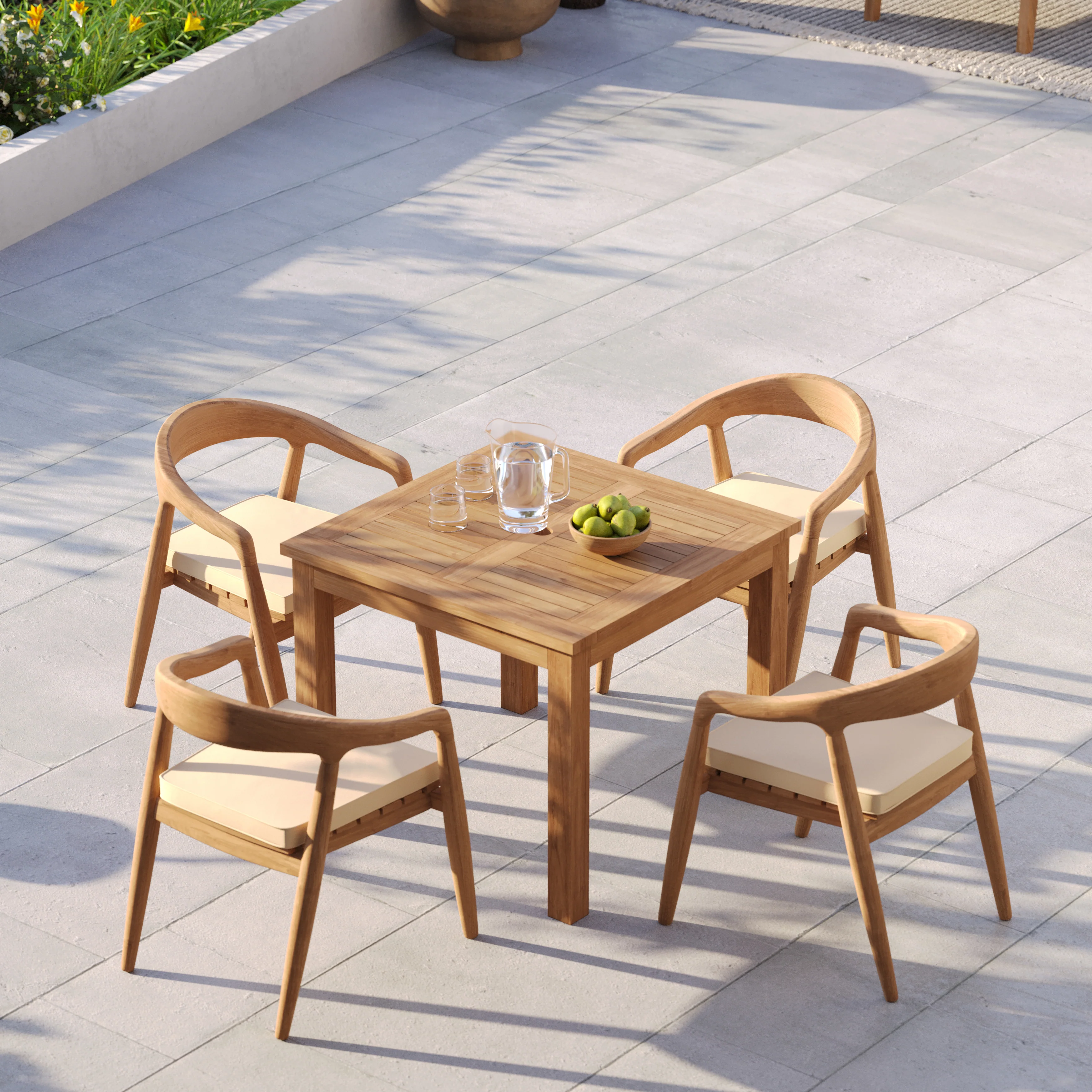 Teak Set 90cm Square Table 4cm Top with 4 Sydney Chairs, Free Cushions - Image 6